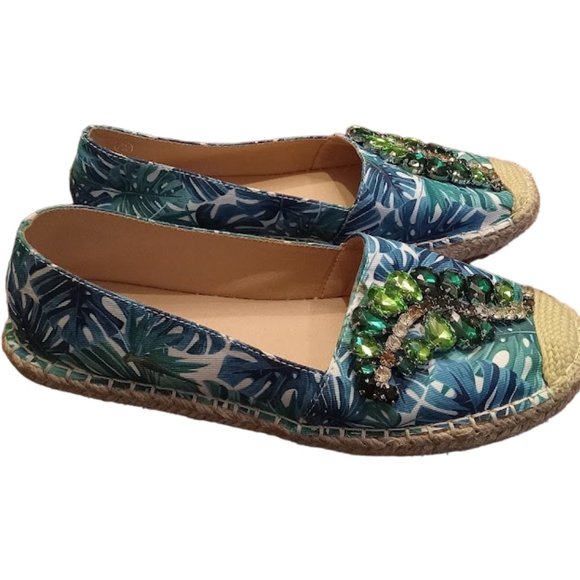 EUC 💎💎Jeweled 💎💎Tropical Palm Leaf Print Espadrille Flat | Women | Sz: 7 1/2